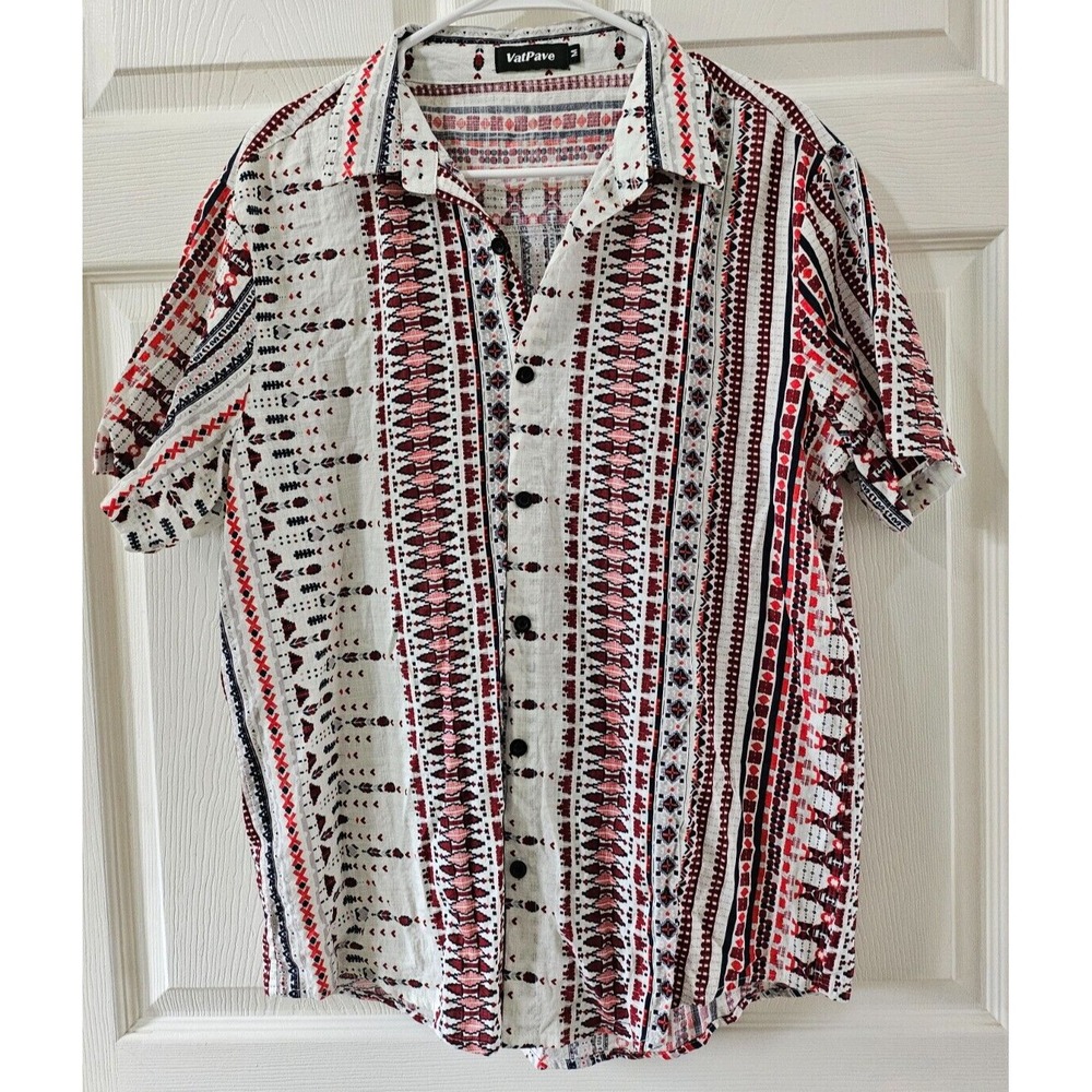 Vatpave Men's Aztec Print Button Up Short Sleeve Shirt Size Medium Red Multi